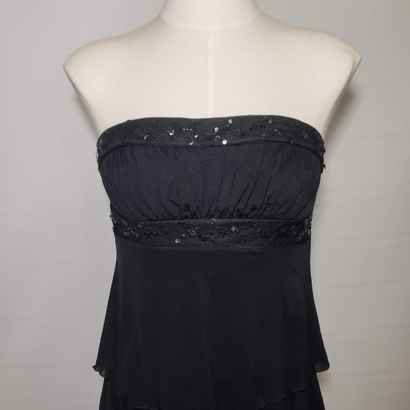 Black Strapless Dress Sequin Trim Layered Skirt - Picture 7 of 9
